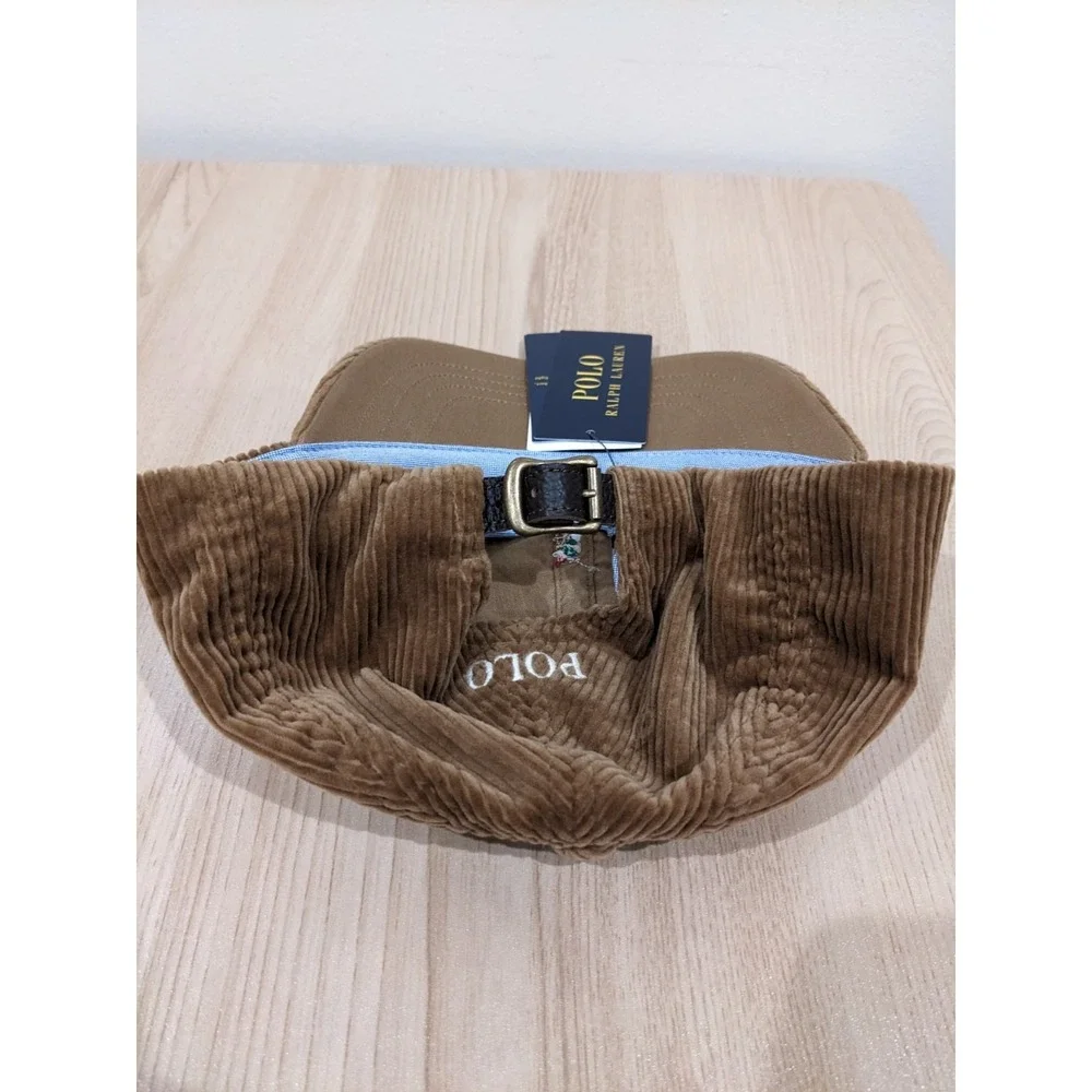 Polo Ralph Lauren Corduroy Pony Baseball Golf Cap Hat Leather Strap Khaki